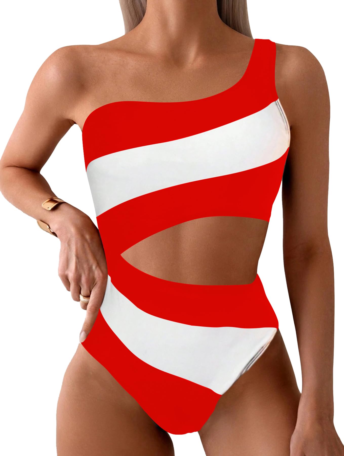 Leoparts Women's Color Block One Piece Swimsuits Monokini One Shoulder Cutout High Cut Bathing Suits Beachwear