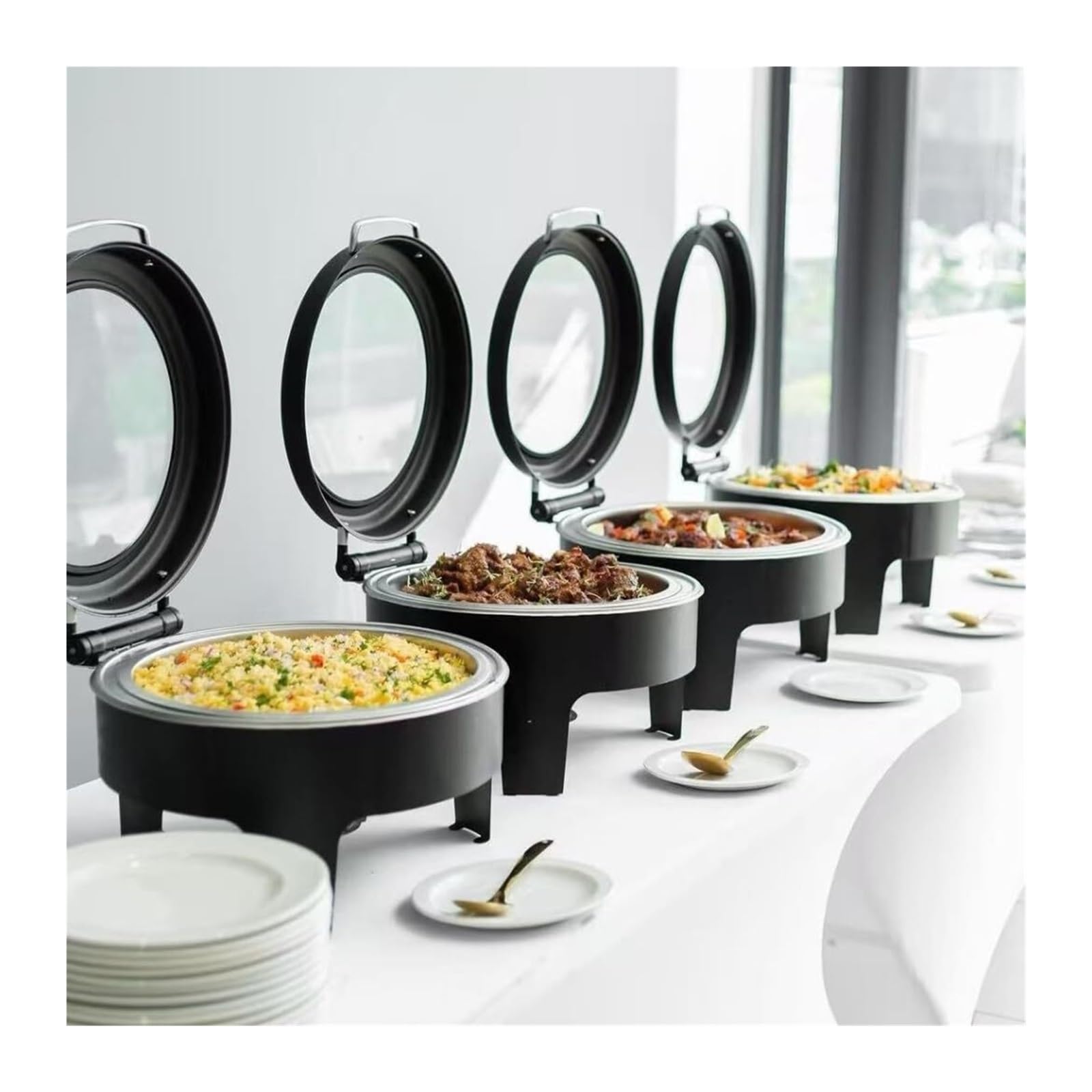 Scaldavivande neri rotondi in acciaio inossidabile Cucina a buffet | Buffet for Feste con Coperchio Idraulico Trasparente, Scalda Buffet