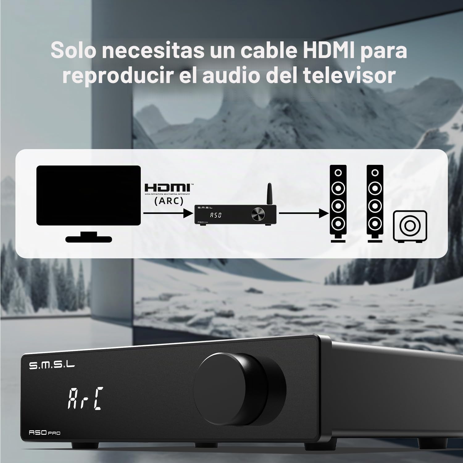 S.M.S.L Amplificador A50Pro, LPF y HPF, amplificador de audio de 2.1 canales, potencia de salida de graves de 100 W, amplificador de audio estéreo Bluetooth 5.0 de alta fidelidad, soporta HDMI (ARC