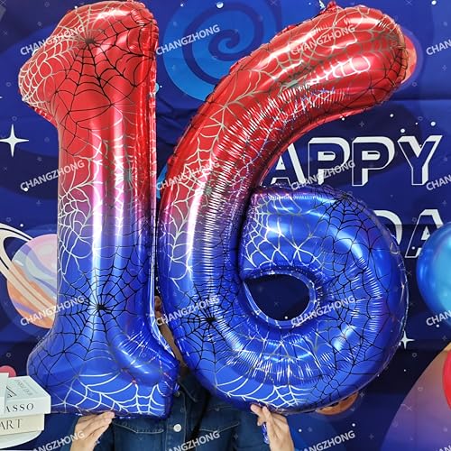 Image of 40 In Red And Blue Spider Theme Large Number 9 Balloon | Giant Large Helium Foil Balloon for Boy or Girl 9 th Birthday Wedding Anniversary Baby Shower Party Decorations