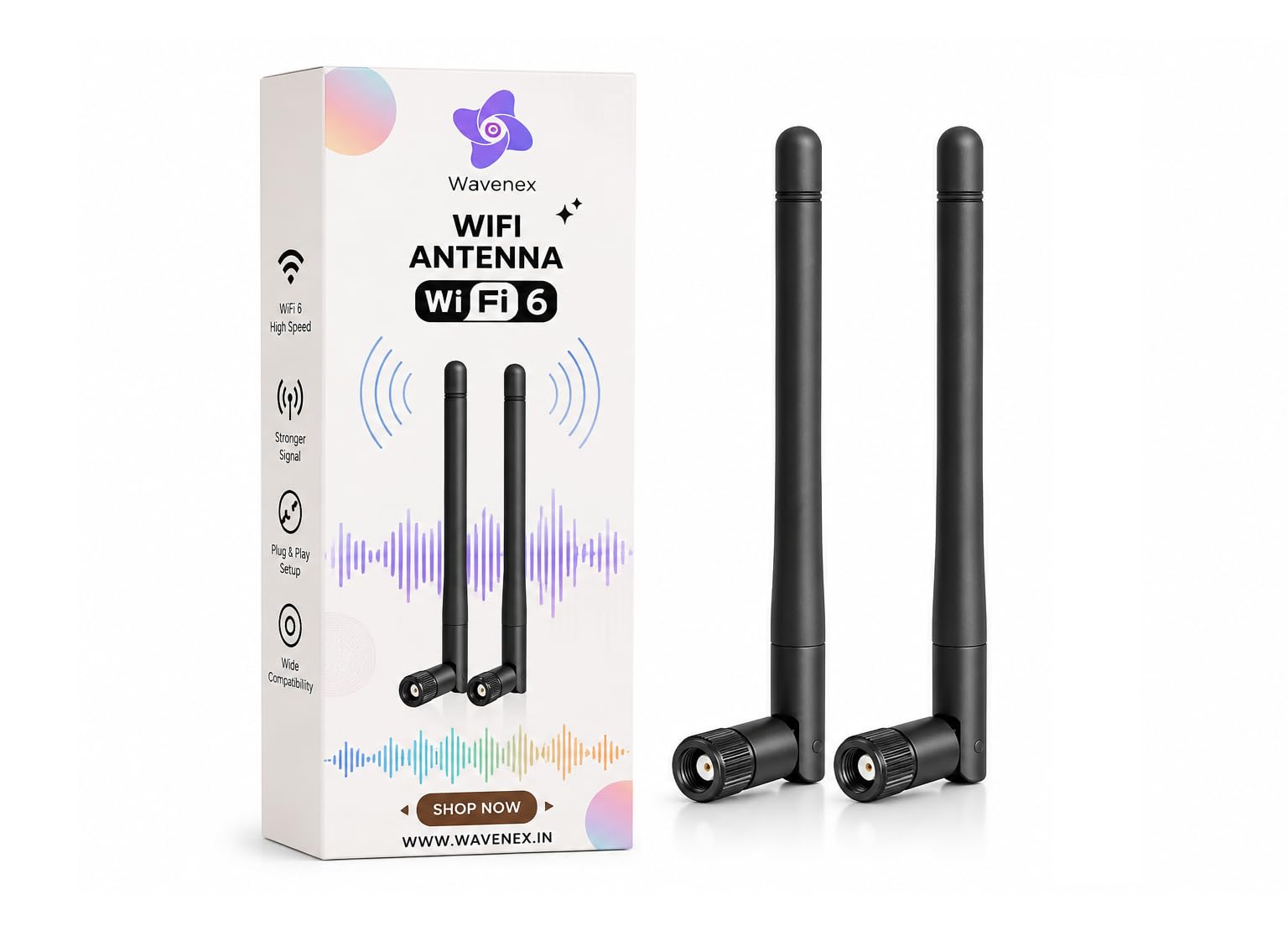 Wavenex® Dual Band WiFi Antenna with RP-SMA Connector 2.4GHz/5GHz/5.8GHz High-Gain Antenna for WiFi Routers, PCI-E Network Cards, USB Adapters, Security IP Cameras 3 dBi (Set of 2)