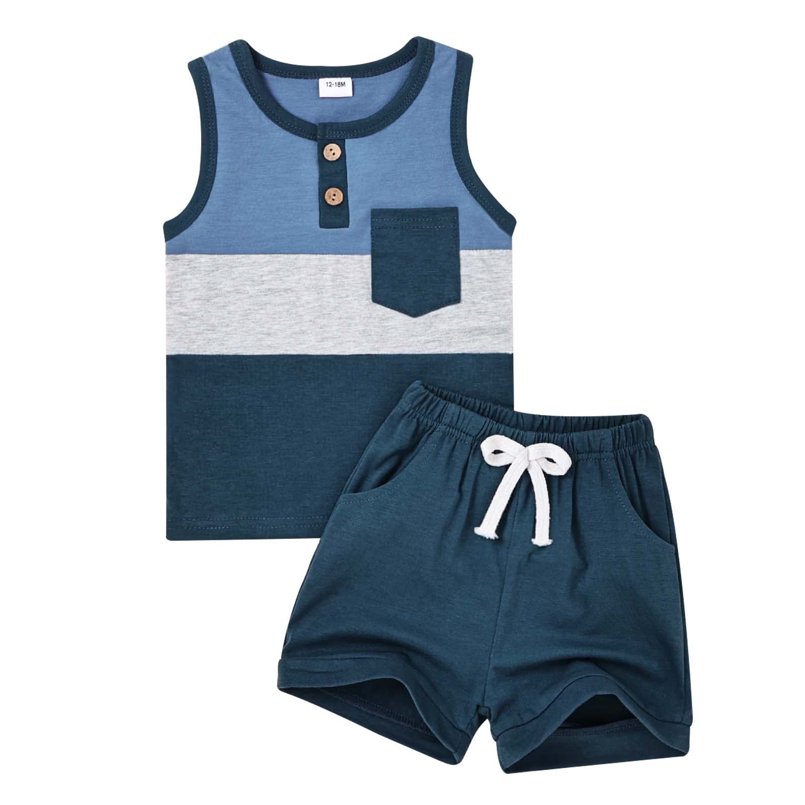FOCUTEBB Toddler Boy Clothes Baby Sleeveless Shirt Shorts Summer Set 6M-5T | 95% Cotton, Soft Breathable, Pocket Patchwork Top Design, Elastic Waist Shorts, Summer Cool, Everyday Playwear and Outing