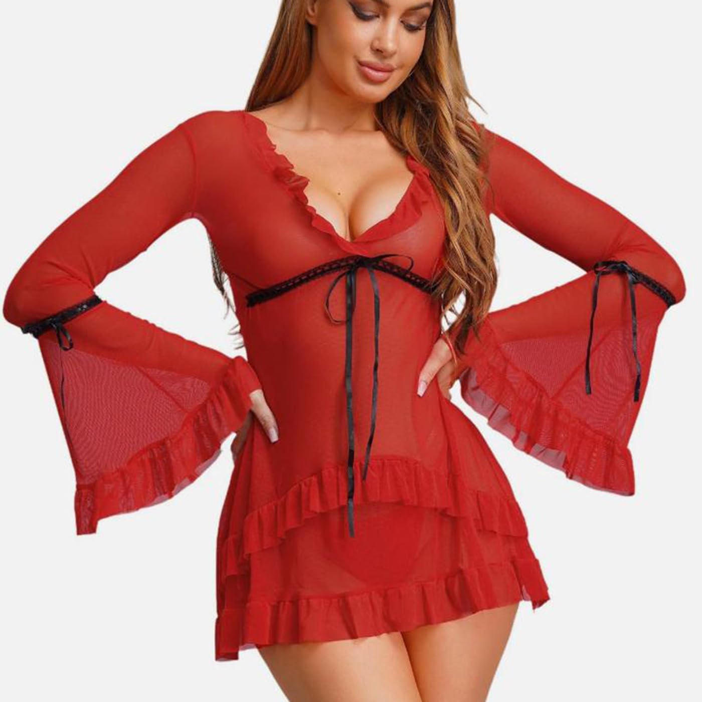 Women Sheer Dress Sexy Bell Sleeve Babydoll Nightdress See Through Lingerie Mesh Chiffon Dress Ruffle Teddy Sleepwear - Image 5