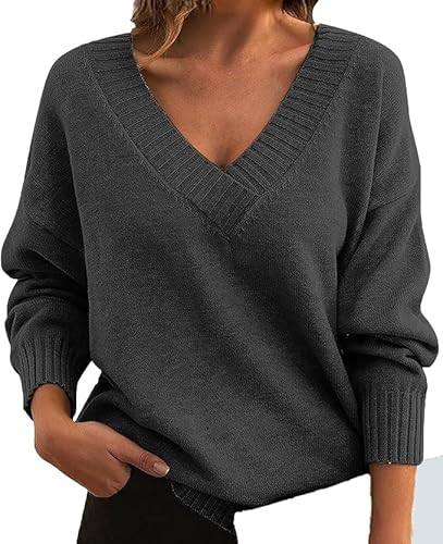 Long Sleeve Sweaters for Women V Neck Drop Shoulder Knitted Pullover Tops Fall Trendy Warm Sweater Solid Tunic (Dark Grey,X-Large)
