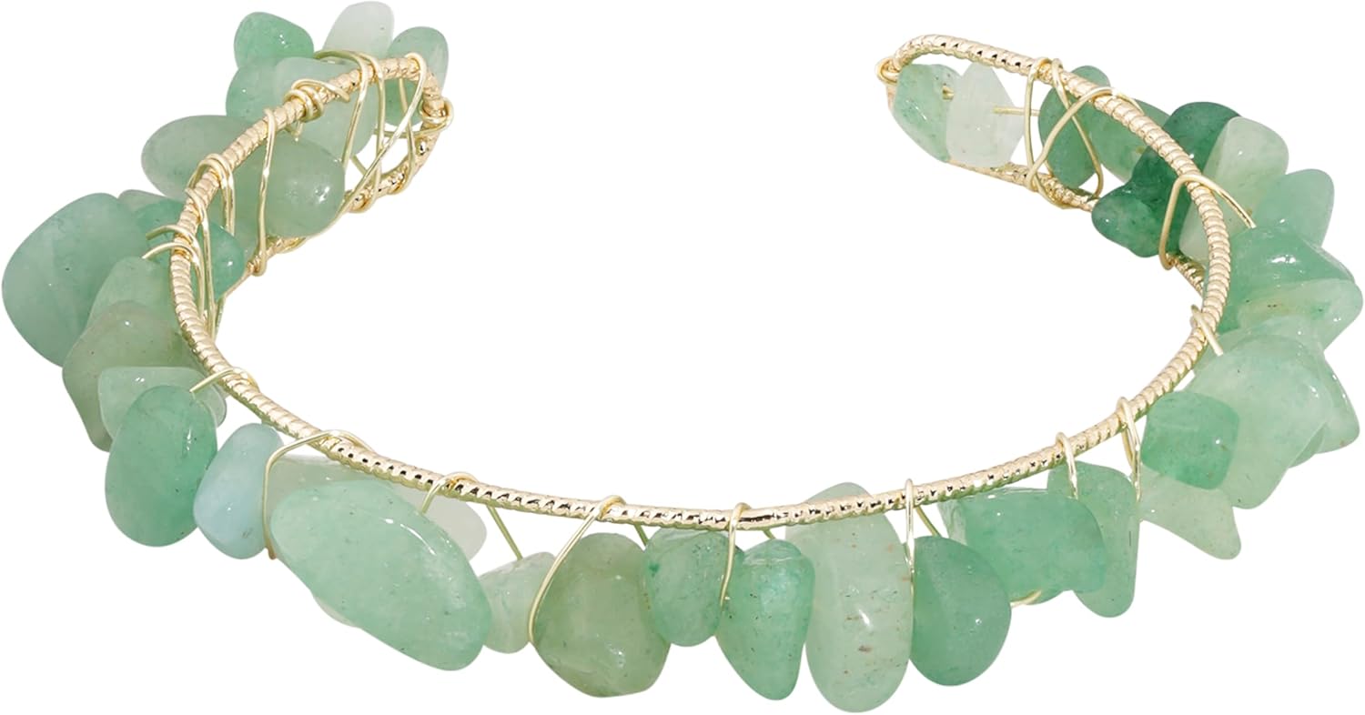 MINACHI Bohemian Green Aventurine Wire Wrapped Cuff Bracelet, Adjustable Handmade Chunky Beaded Bangle for Women