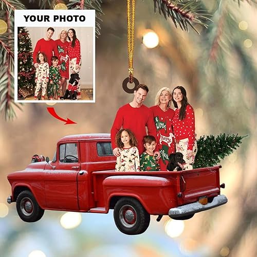 Miniatura 4 de Adorno de foto personalizable, adorno de mica con foto personalizada, adorno de Navidad familiar, camión rojo familiar con foto personalizada,