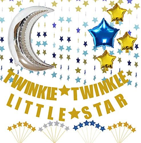 KUNGYO Twinkle Twinkle Little Star Decorations Kit-Glittery Gold Banner-Star Garland -Cupcake Toppers-Moon&Star Mylar Foil Balloons -Perfect Baby Shower Birthday Party Decor Supplies (Blue)