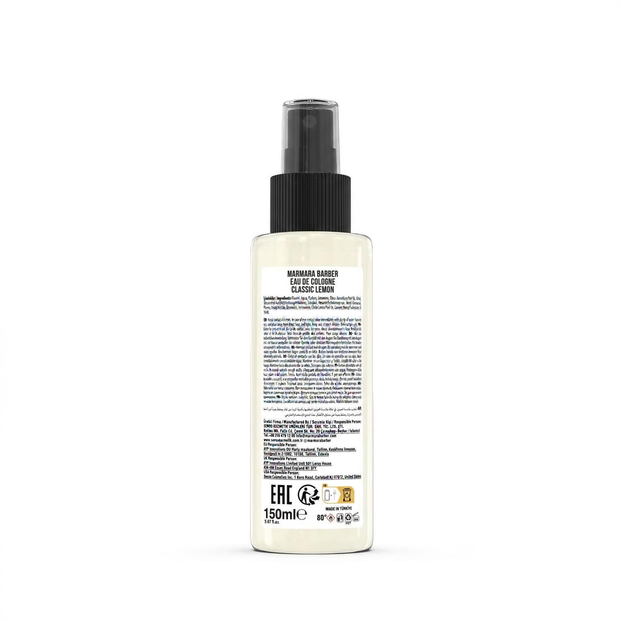 Barber Marmara Spray Kolonii Cytrynowej 150ml, turecka woda toaletowa po goleniu, chłodzący i dezynfekujący, łagodzący podrażnienia, tonik do skóry z cytrusowym zapachem.