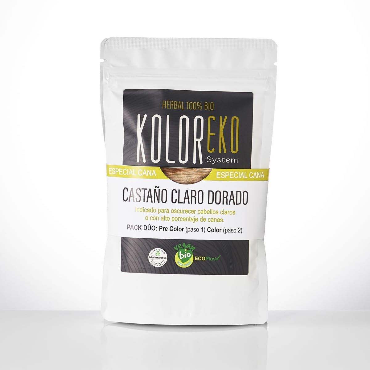 KOLOREKO Tinte natural CASTAÑO CLARO DORADO - Pack DÚO especial canas - precolor DORADO + tinte CASTAÑO CLARO