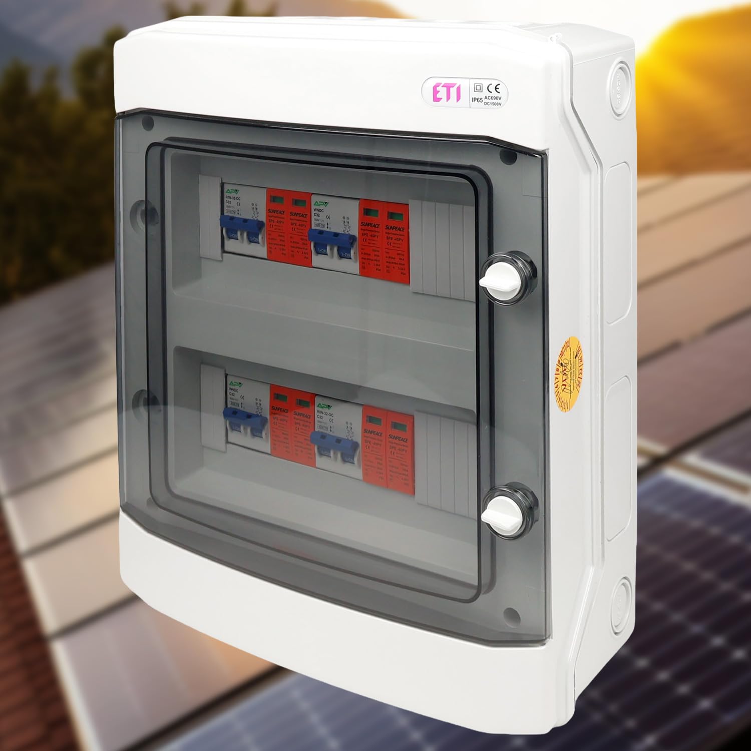 Photovoltaik DC-Sicherungs- & Trennbox 4-String – 32A / 500V – PV Generatoranschlusskasten IP65 – Überspannungs- & Leitungsschutz für Solaranlagen