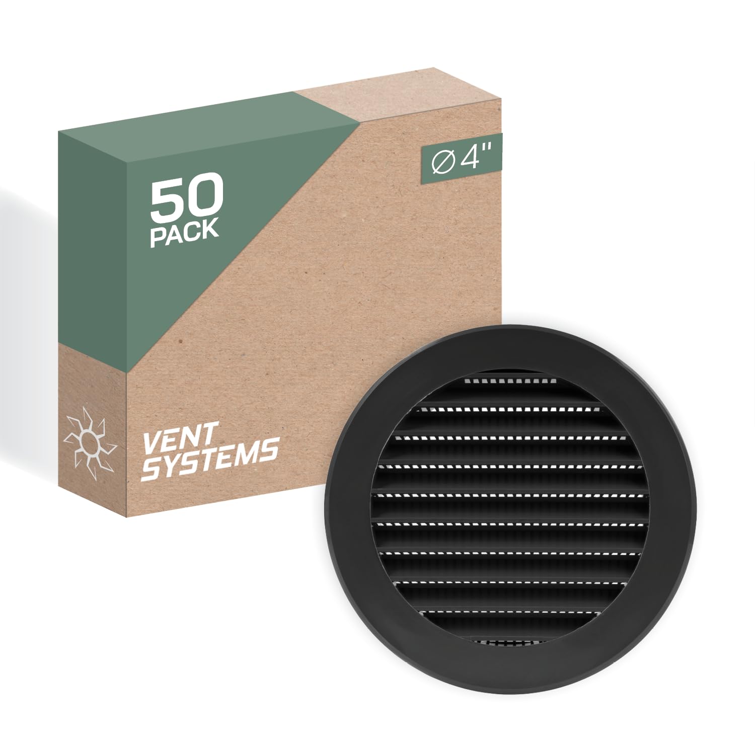 Vent Systems 100 mm / 4" Inch Round Soffit Vent Cover - Pack of 50 - Black Louvered Plastic Grill Cover - Vent Grille with Screen Mesh - HVAC, Ducting, Pipe Air Supply Vents for Bathroom, Kitchen โ image 1