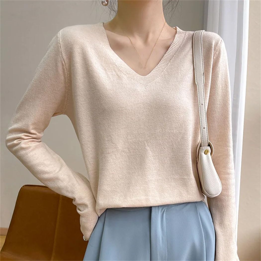 Women's V-Neck Knitted Sweater Long-Sleeved Loose Pullover Spring and Summer Casual Solid Bottoming Shirt