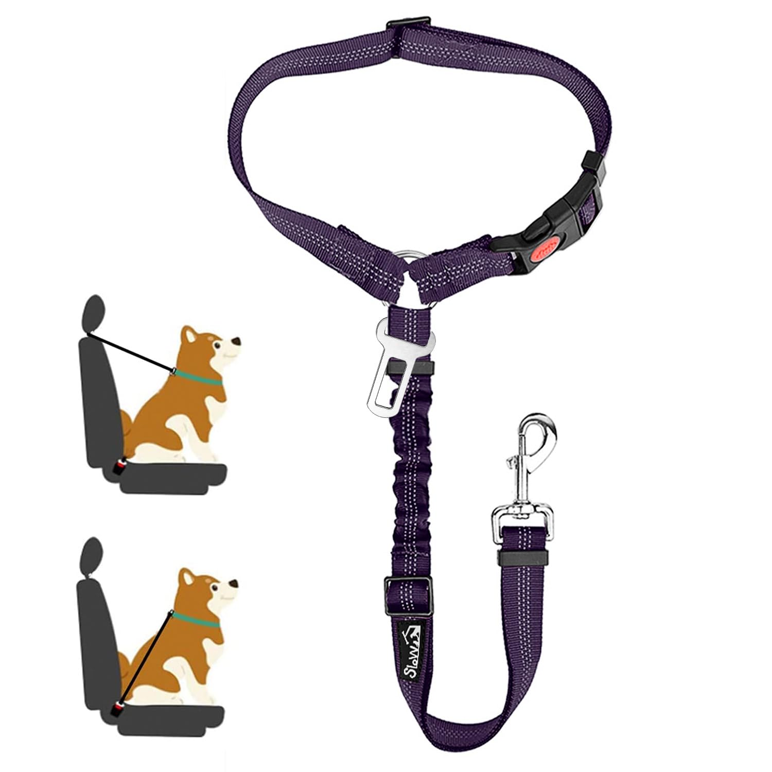 SlowTon Hundegurt fürs Auto, 2-in-1 Kopfstützen-Rückhalte Anschnallgurt Hund mit Universelle Schnalle Verstellbares Reflektierendem Elastikstreifen