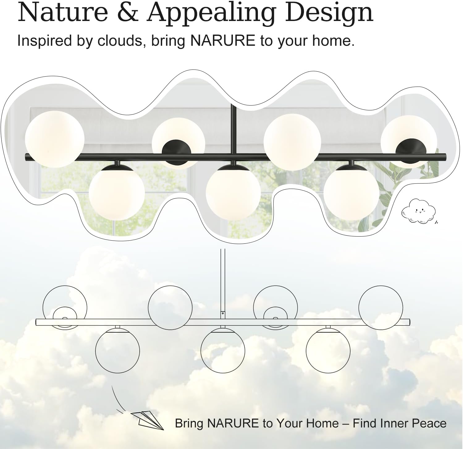 Globe Modern Sputnik Chandeliers for Dining Room Chandelier, 7-Light Dining Room Light Fixture Over Table, Mid Century Linear Chandelier Matte Black and Milk White Bubble, 43.3 Inch (Bulbs Excluded)