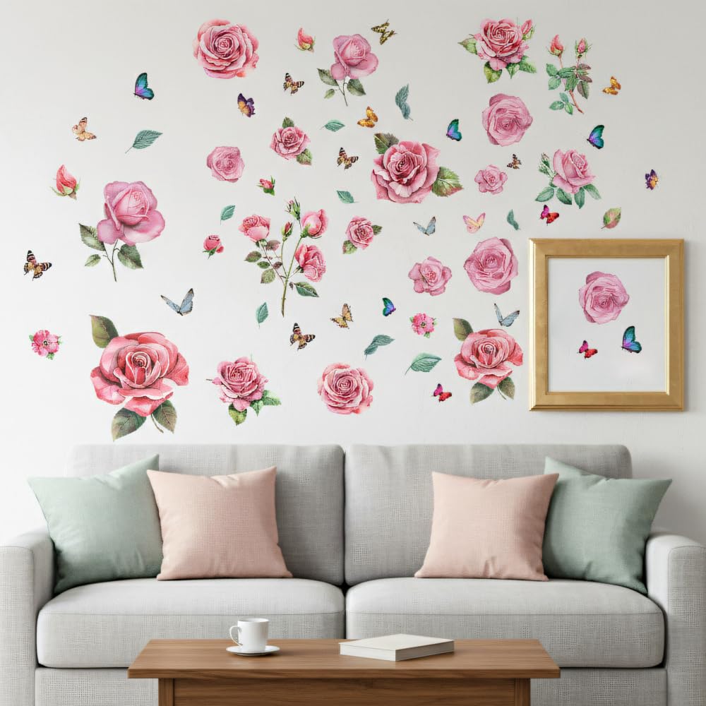 Pink Rose Wall Decals, 2 Sheets PVC Peel Stick Floral Butterfly Stickers, Romantic Wall Art Decor for Bedroom Living Room Sofa Background