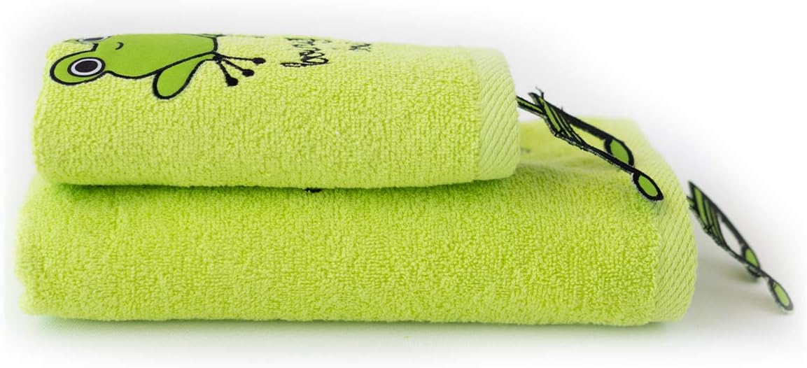 Milk&Moo Kids Washcloths for Bath, Green ChaCha Baby Frog Kids Bath Towel, Wash Cloths for Kids. 2 Pieces Includes 20x31 Inch Washcloth and 12x20 Inch Hand Towel. 100% Turkish Cotton, Green
