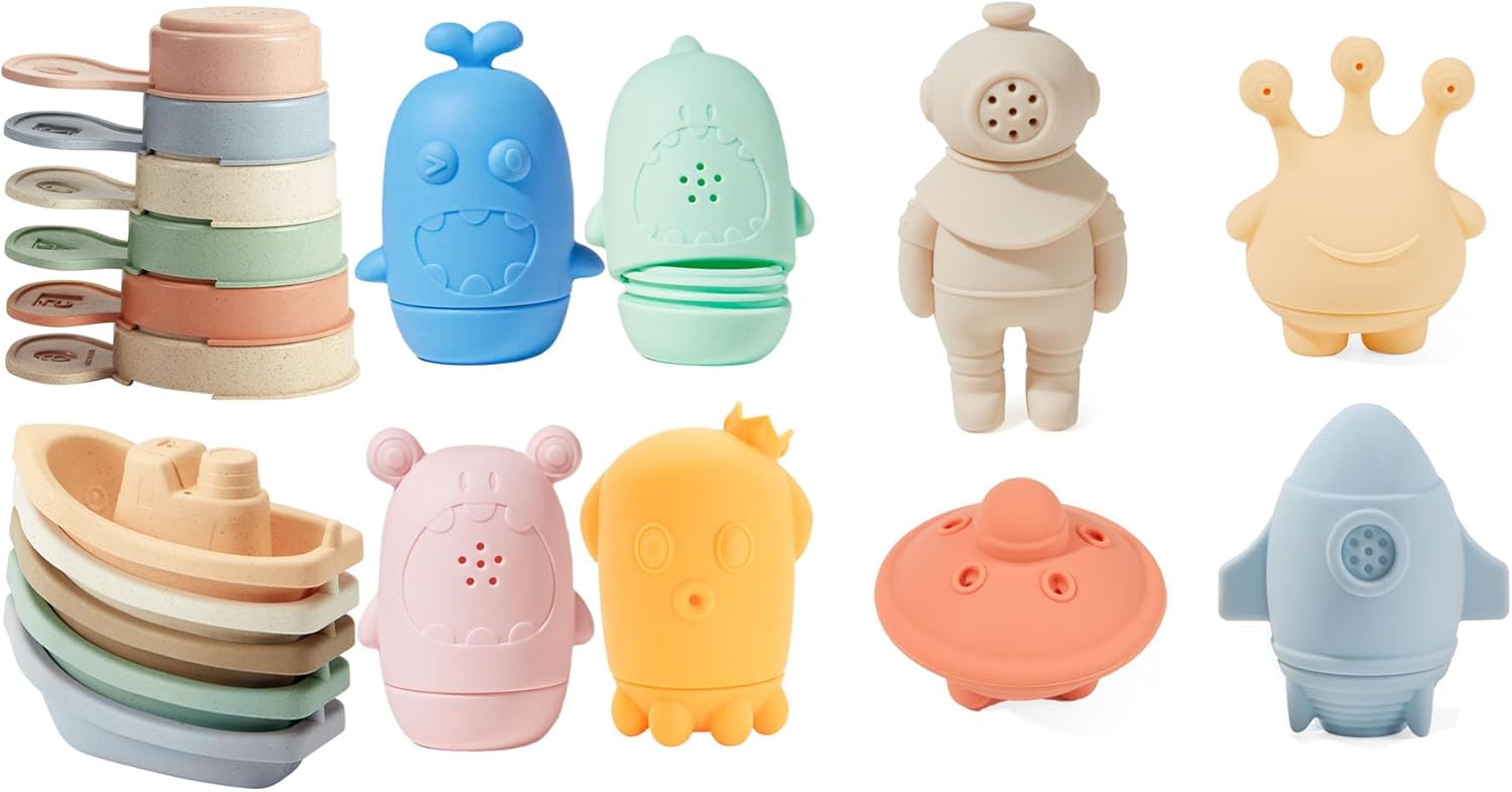 4 Pcs Silicone Space Toys & Baby Bath Toys 15 Pcs with Stackable Boats and Spoons