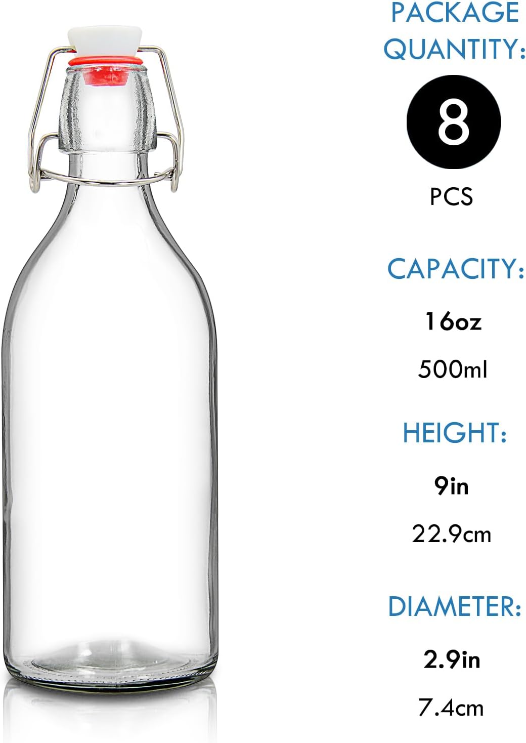 8 Pack Flip Top Glass Bottles 16oz Swing Top Bottle for Home Brewing,2nd Fermentation,Kombucha,Kefir,Vanilla Extract,Juice,Tea,Beverages,Soda,Oil,Vinegar,Limoncello,Beer Bottle with Airtight Lids - Image 3