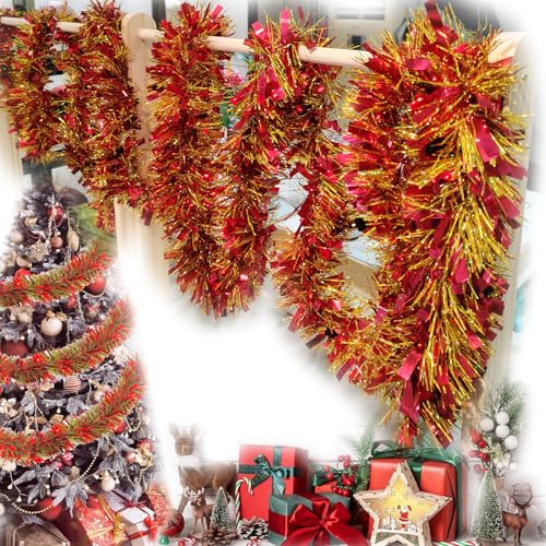 Guirlandes Tinsel Noël, 4 pcs x 2 m Guirlande Tinsel Brillante,Guirlande De Noel Sapin,Convient pour La Décoration Intérieure Et Extérieure De La Fête De Noël (Rouge)