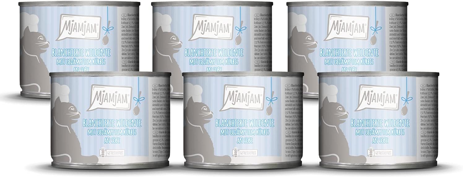 MjAMjAMpremium wet food for cats - blanched wild duck with steamed pumpkin in sauce, pack of 6 (6 x 185 g), grain-free with extra meat