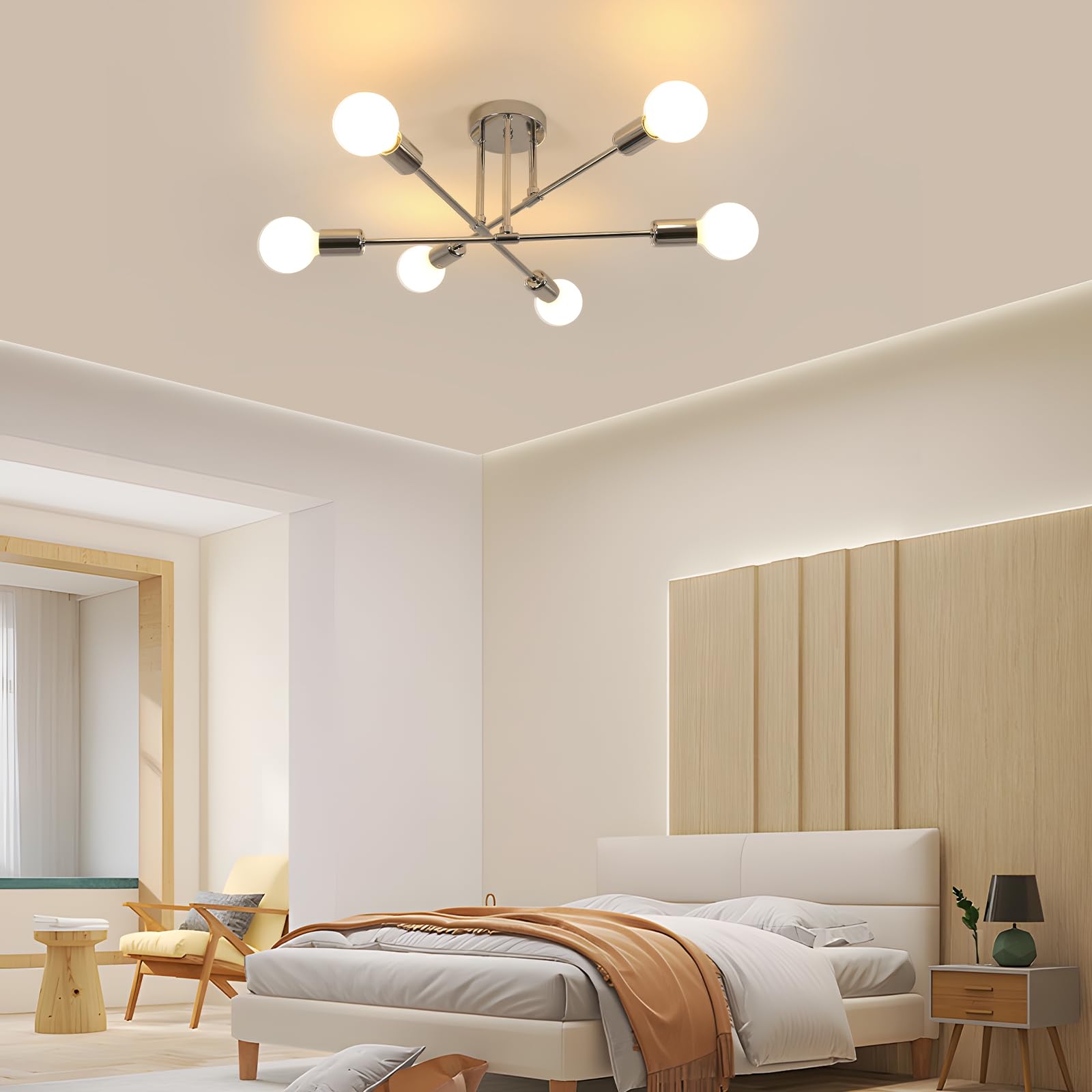 Goeco Lampadario Sputnik Vintage, E27 Plafoniera da Soffitto Industrial con 6 Portalampada, Lampada da Soffitto in Metallo per Camera da Letto Soggiorno, (Senza Lampadina), Cromo Dia. 60 cm