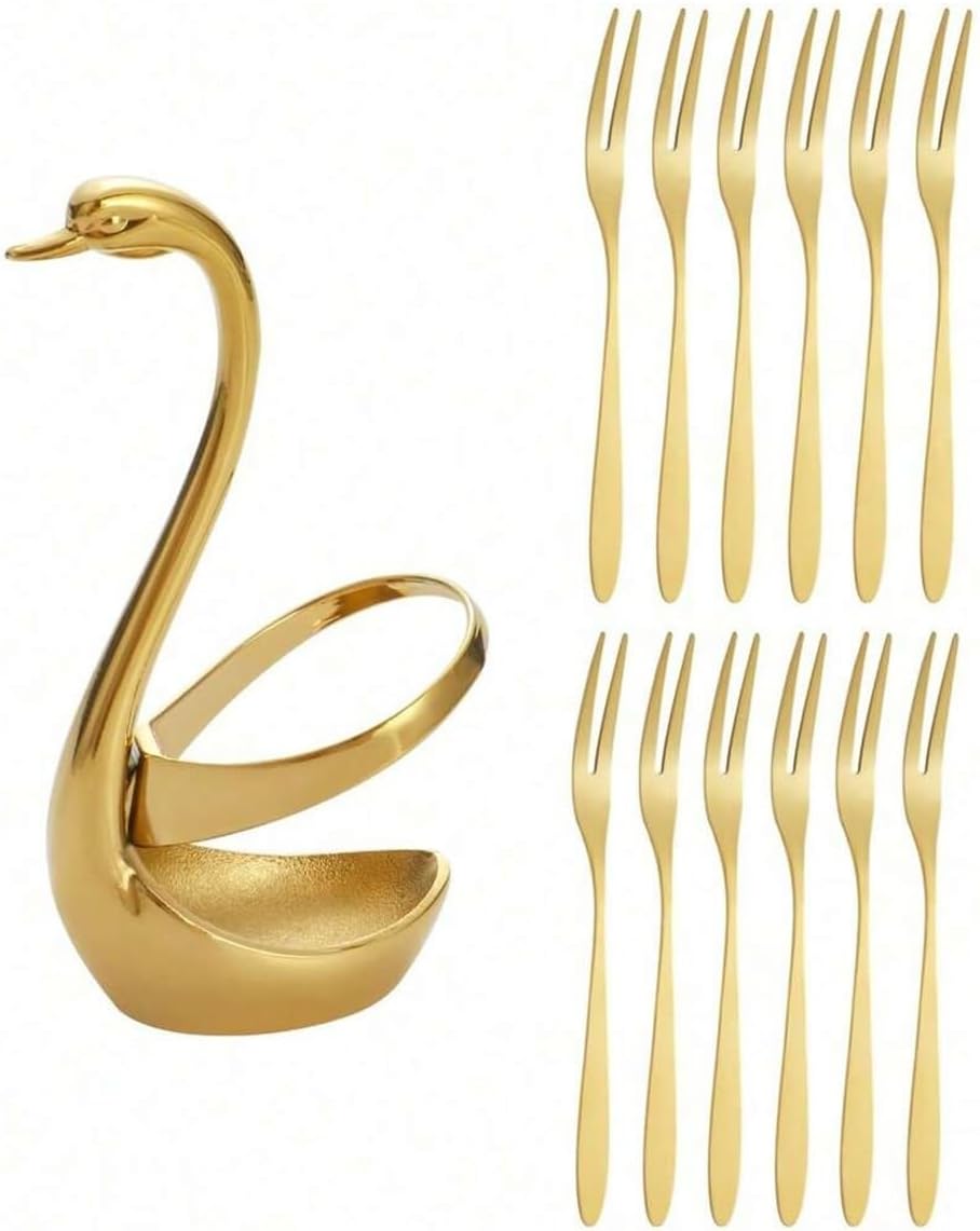 Fit for 6/12pcs Stainless Steel Gold Fruit Forks -Cake & Salad Forks with Swan Base for Restaurants, Hotels, Travel & Parties(6pcs)