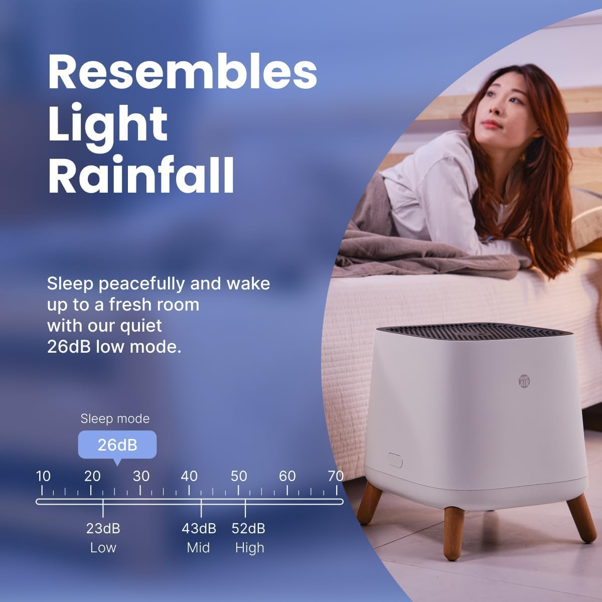 Smart Air Sqair Air Purifier in a bedroom, illustrating quiet operation at 26dB in low mode.