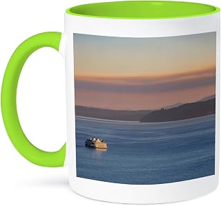 3dRose Seattle. Washington State Ferry in Puget Sound at sunset 11oz Two-Tone Green Mug
