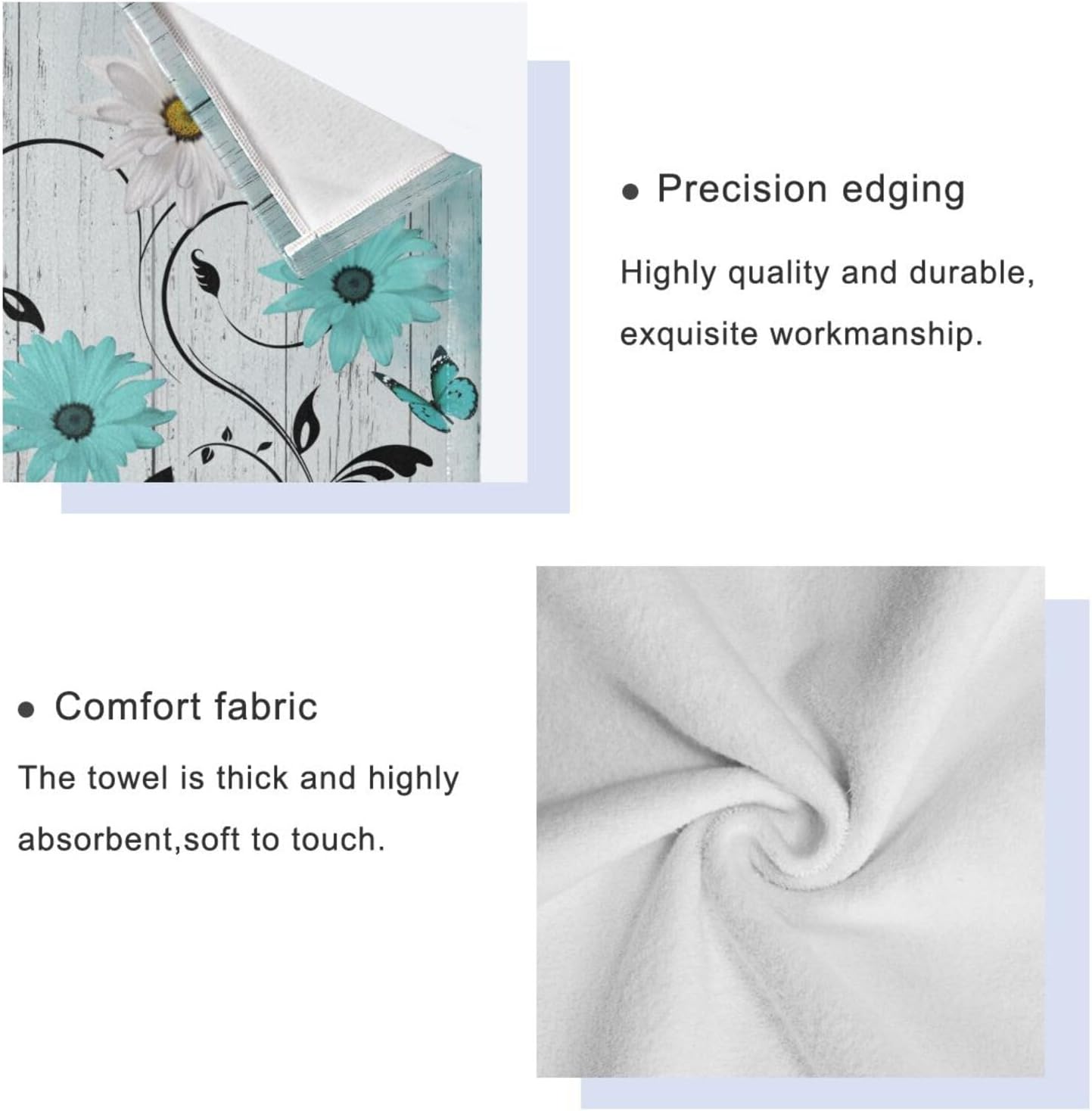 Teal Aqua White Daisy Flower Bath Towels Set,3 Piece Soft Rustic Butterfly Wooden Towel Set,1 Bath Towel 1 Hand Towel 1 Washcloth,Absorbent Decorative Guest Bathroom Towels for Kitchen Shower - Image 3