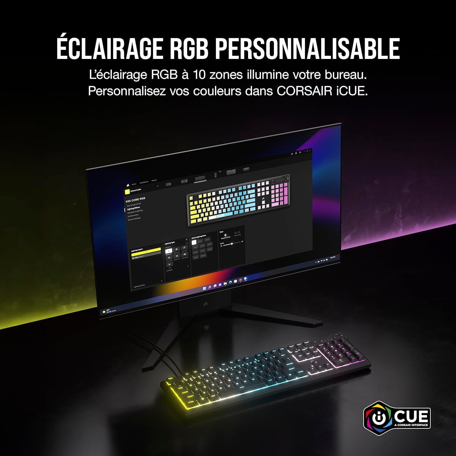 Corsair K55 Core RGB Przewodowa klawiatura do gier z membraną - responsywne przełączniki - odporność na zachlapanie - Ten-Zone RGB - klawisze multimedialne - kompatybilne z iCUE - AZERTY FR - PC, Mac