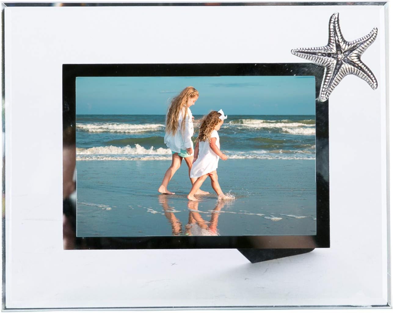 Beachcombers Pewter Starfish Glass Picture Photo Frame Beach Coastal Tropical Ocean Vacation Memories Gift Home Decor 4"X6" White