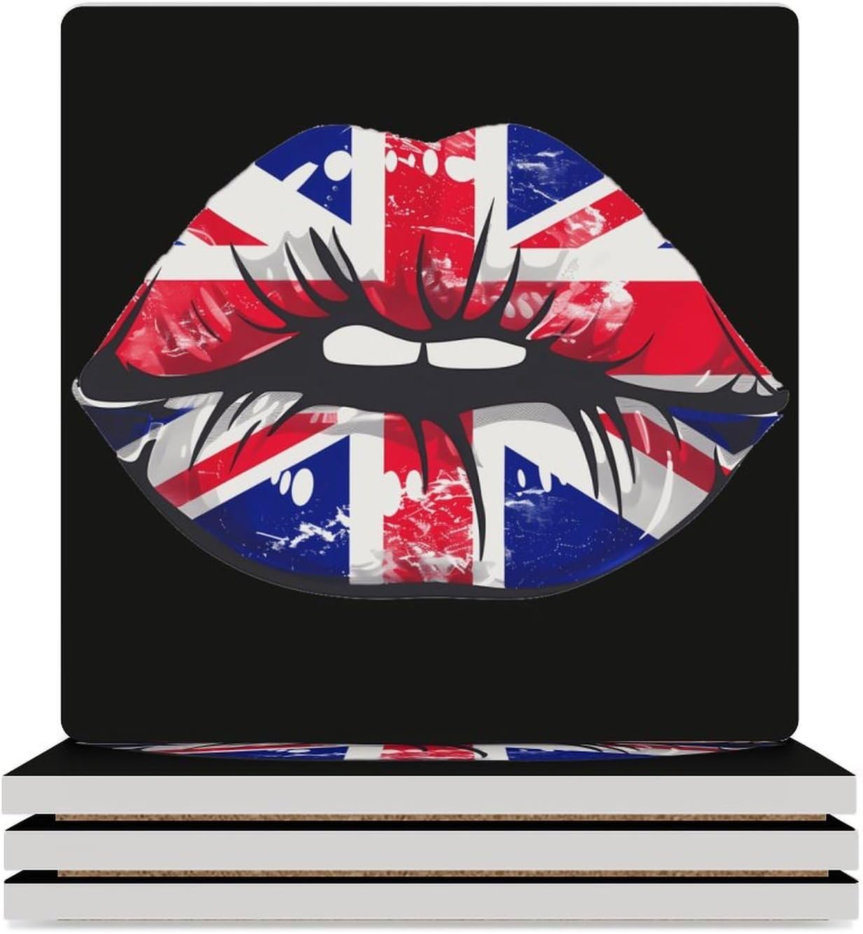 Great Britain England Lips Coaster for Drinks Square Ceramic Table Coasters Stone Mat Crafts 4PCS Home Kitchen Decor