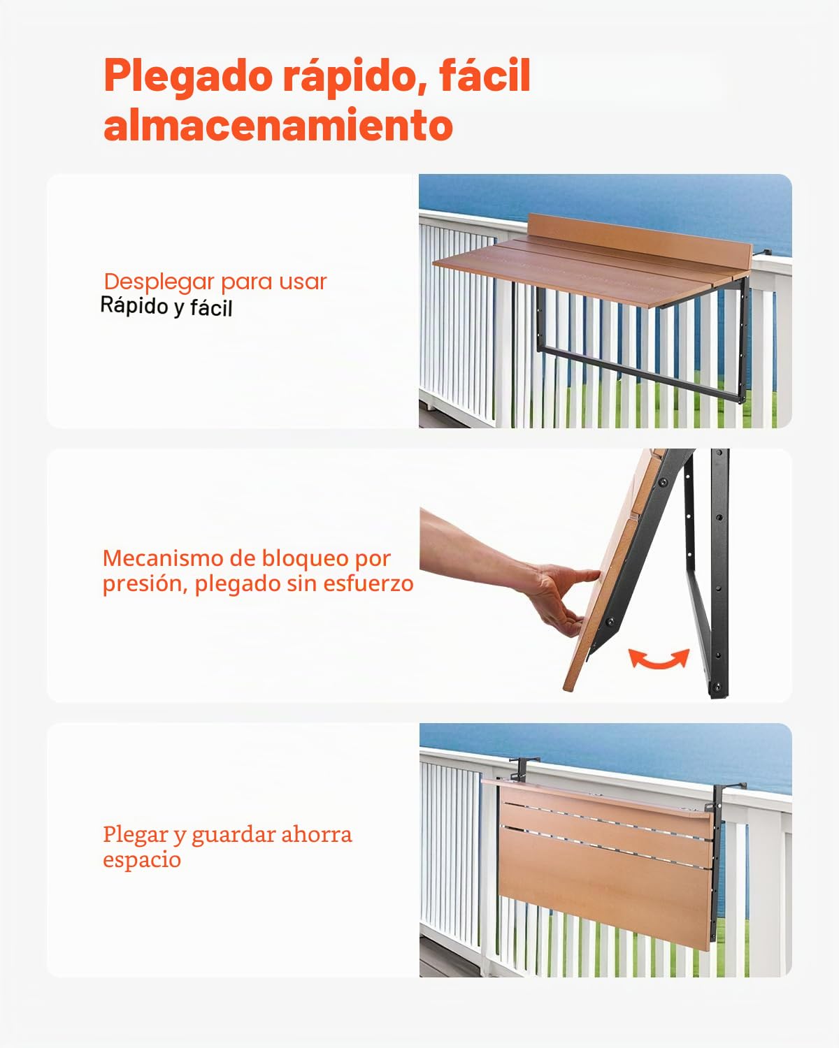 VEVOR Mesa Colgante para Balcón, Mesa Plegable para Balcón al Aire Libre de 1000 x 485 x 480 mm con Barandillas, Ajustable en 5 Niveles, se Adapta a Barandillas de 1-5,31 Pulgadas, Marrón y Negro