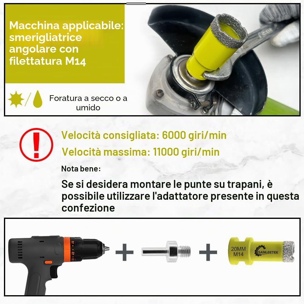 Punte per Trapano Diamantate - 11pezzi(6/8/10/20/25/35/50/68+10mmFresa Diamantata+50mmPunta Smusso+ 115mmDisco+Adattatore)per Piastrelle di Ceramica Porcellana Marmo Granito M14 Filettatura