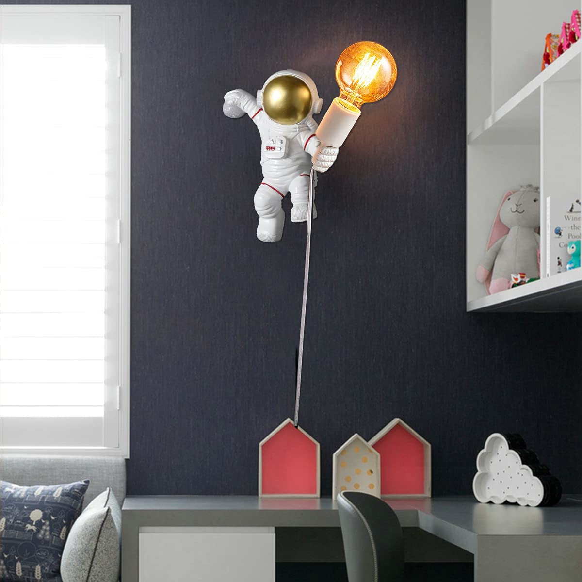 ACMHNC Astronaut Kinder Wandleuchte Mit Stecker Und Schalter, E27 Kinderlampe Weiß Wandlampe Innen Für Jungen Mädchen Kinderzimmer Dekorative Nachtlicht Süße Kinderwandlampe Mit 1,5M Kabel