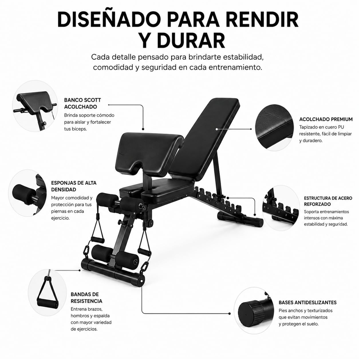 Banco de musculación plegable 2 en 1 con banco Scott 120 kg 150 × 42 × 100 cm – Bandas resistencia, asas abdominales, acolchado alta densidad, acero triangular, casa