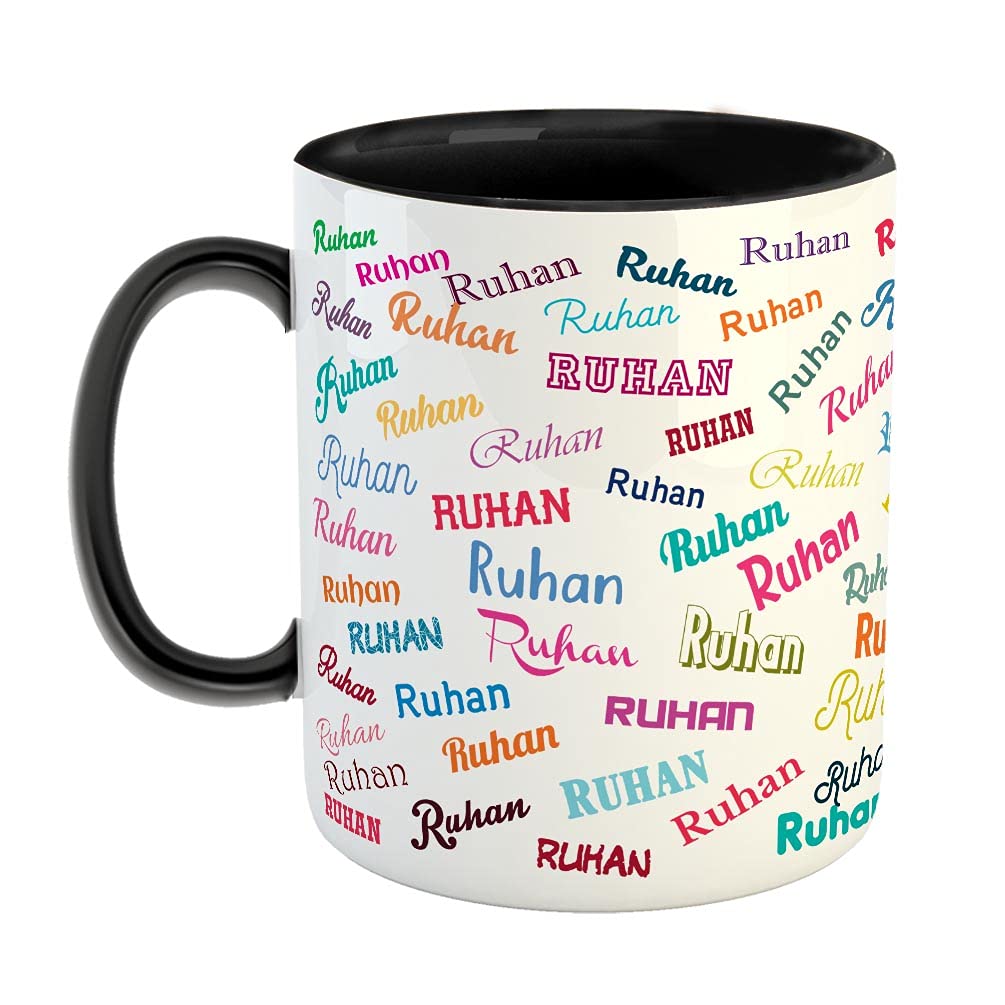 FurnishFantasy Personalised Happy Birthday Ceramic Coffee Mug - Best Birthday Gift for Son, Daughter, Brother, Sister, Gift for Kids, Return Gift - Color - Black, Name - Ruhan