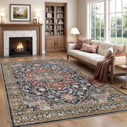 Rugland 5x7 Area Rugs - Stain Resistant Washable Rug, Anti Slip Rugs for Living Room, Vintage Tribal Area Rugs(Medallion 01-Rust/Blue, 5'x7')