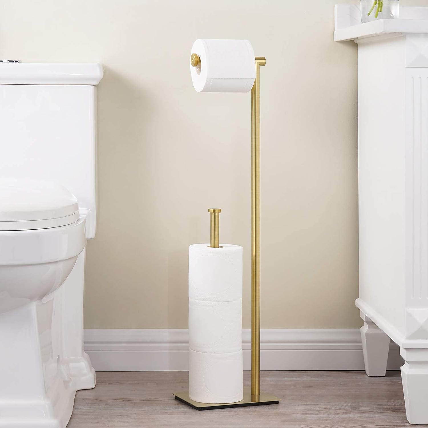 KES Brushed Gold Kitchen Paper Towel Holder Stand with Marble Base and Bathroom Free Standing Toilet Paper Holder with Reserve Toilet Paper Storage Stainless Steel Rustproof, KPH100-BZ+BPH286S1B-BZ