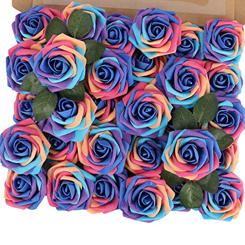 MACTING Artificial Flower Roses 30PCS Real Touch Fake Flowers with Stem Rainbow Foam Rose for DIY Wedding Bridal Bouquets Table Centerpieces Party Baby Shower Home Spring Mothers Day Decorations