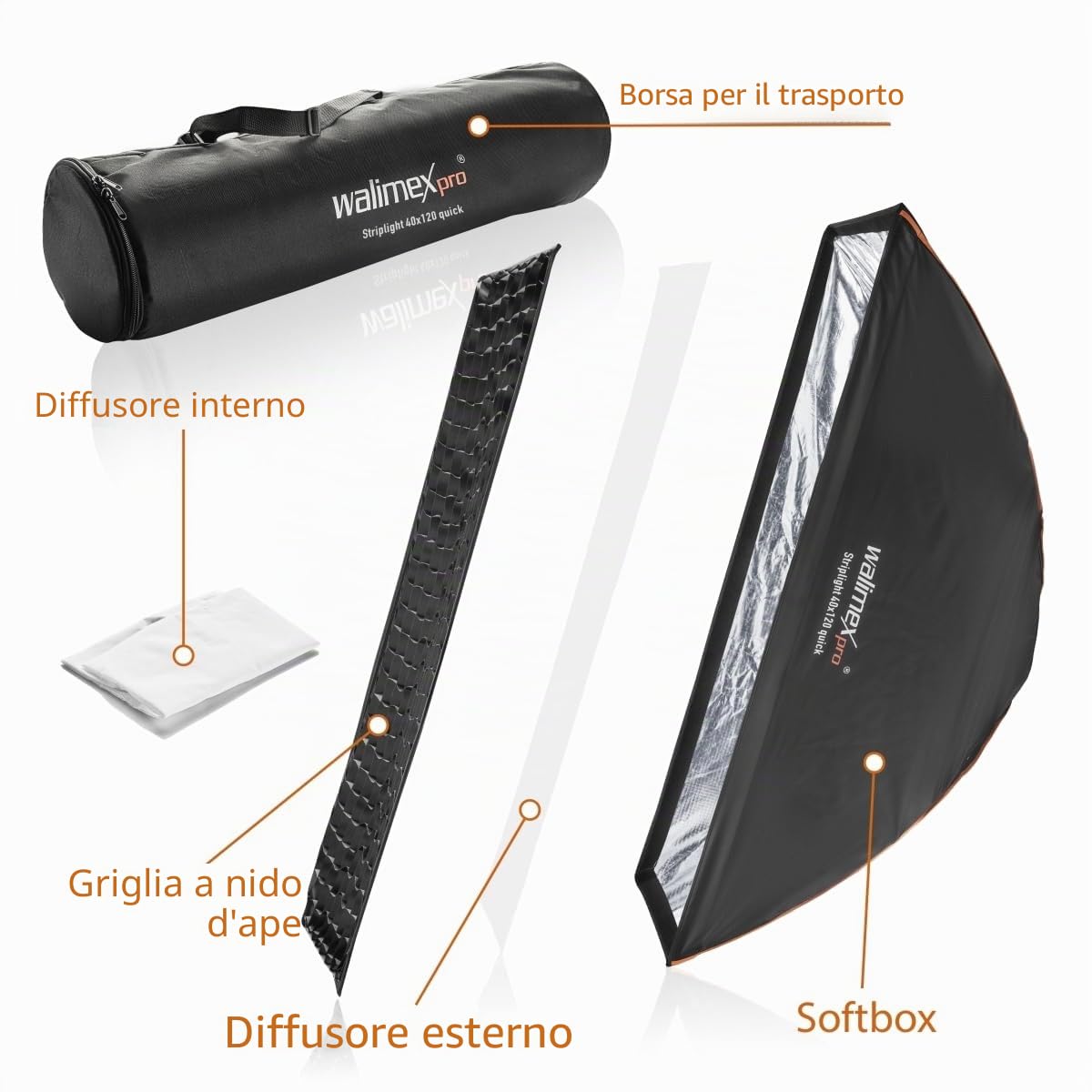 Walimex pro Studio Line Striplight SB QA – Softbox luce a strisce, superficie 40 x 120 cm, profondità 49,5 cm, pieghevole, con griglia, diffusore interno ed esterno, Speedring, per flash da studio