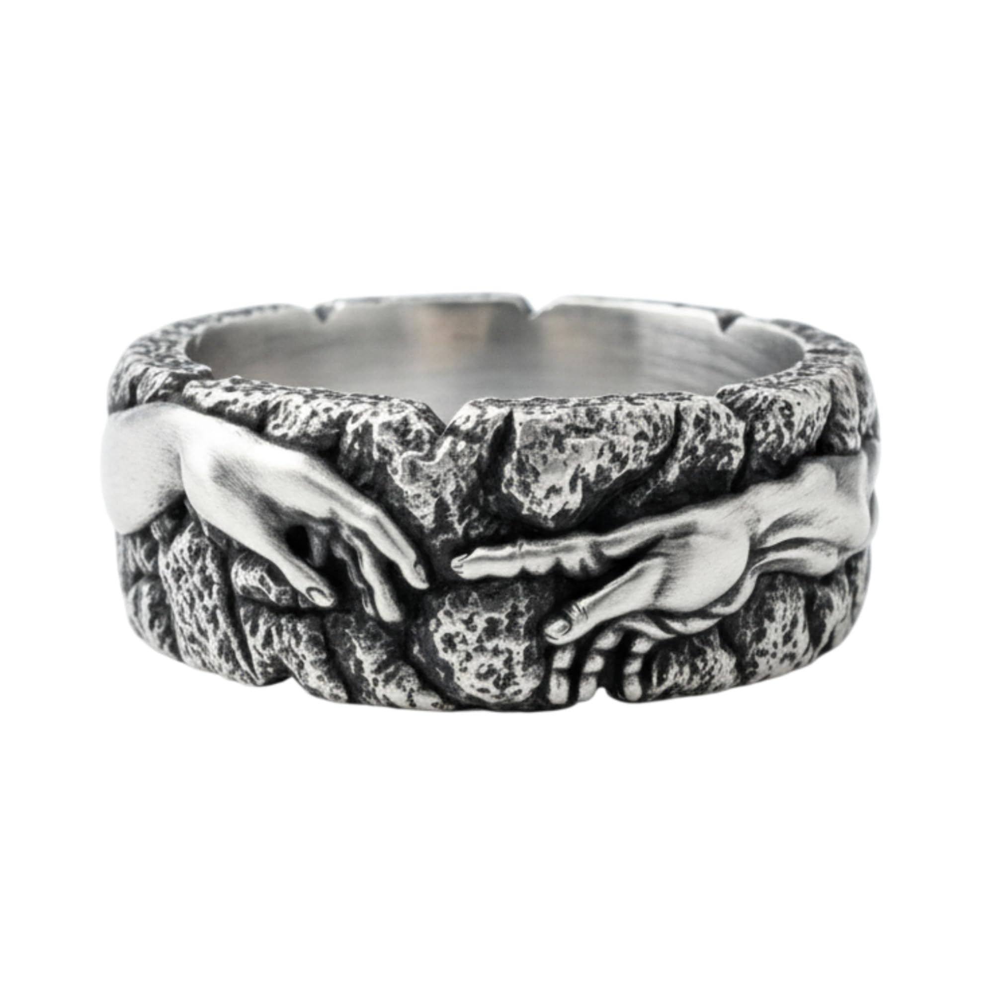 Creation of Adam Ring 925 Sterling Silver Hand of God for Men | Handcrafted to order in 60+ sizes, solid 925 sterling silver, oxidized stone texture, meaningful art history and faith gift