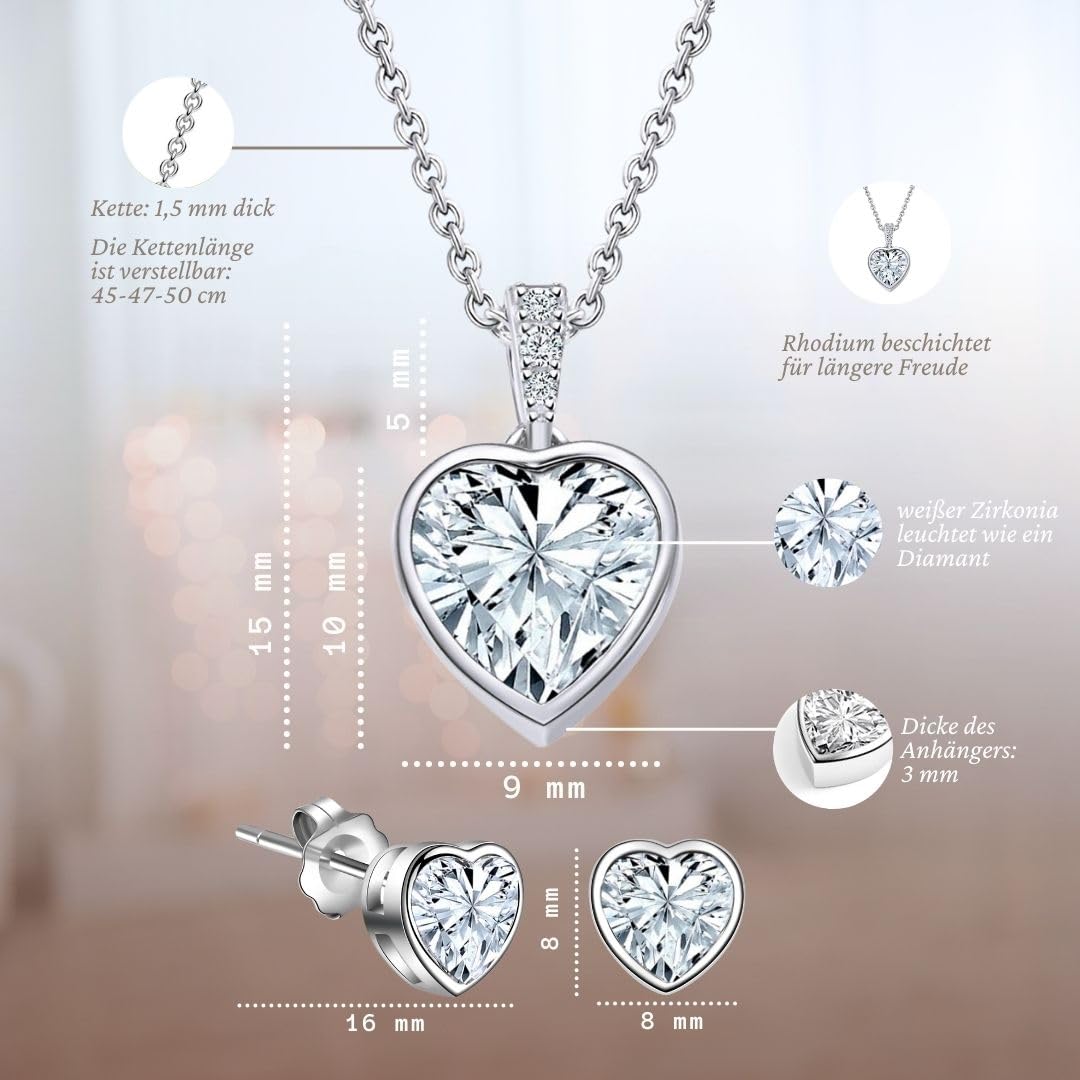 LOVENEST Schmuck Set Damen Silber 925/Rosegold/Gold ZIRKONIA | Herz Schmuckset 3tlg. zum Weihnachten Geburtstag Hochzeitstag | Kette und Ohrringe Set | hochwertiges Geschenk Frau Ehefrau Freundin