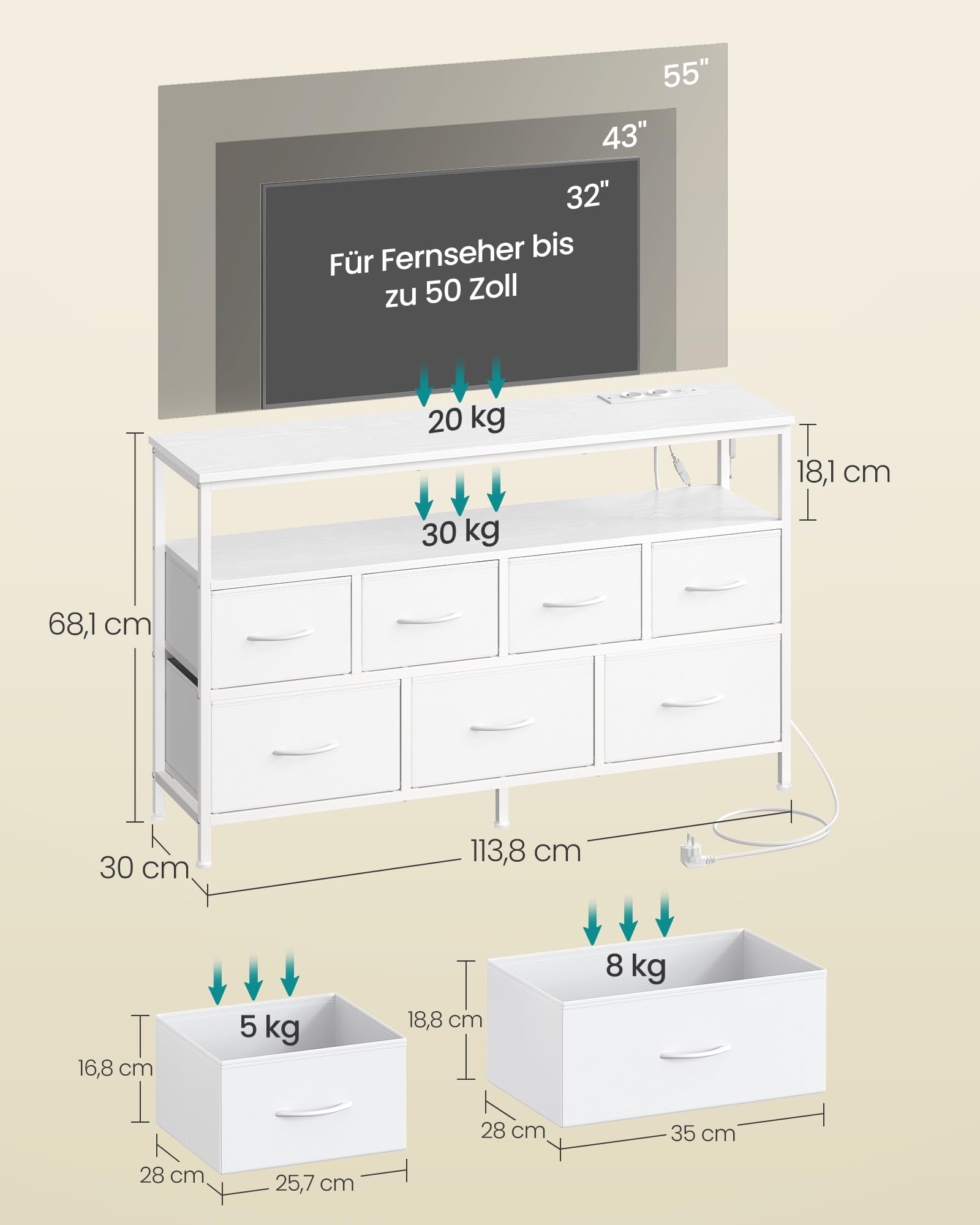 SONGMICS BELLAH Kollektion - Kommode, Schrank, App-gesteuerte LED-Beleuchtung, Sideboard mit Ladestation, 1 Ablage, 7 Schubladen, modern, wolkenweiß LGS733WH01