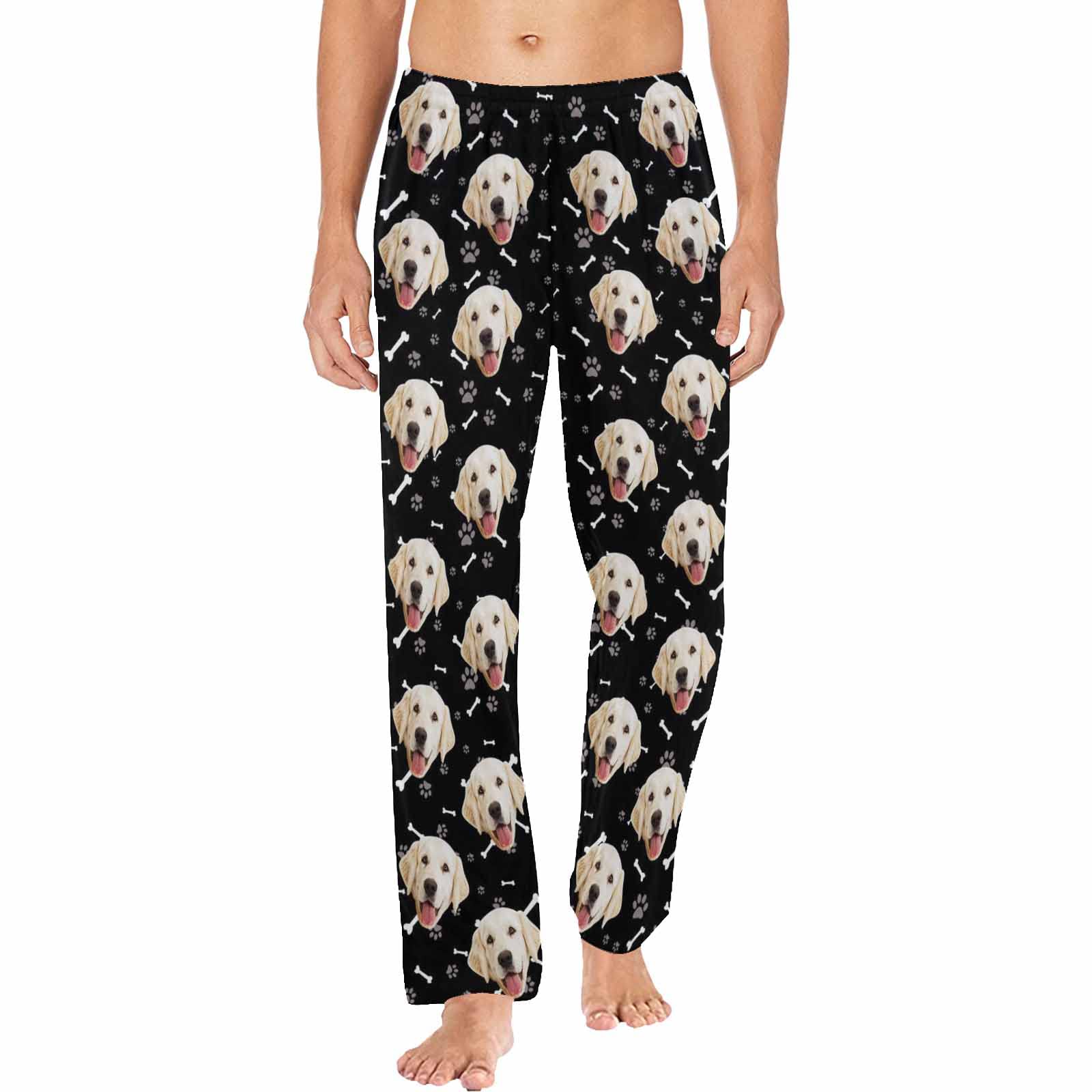 MyPupSocks Customized Face Pajamas Pants for Men, Pet Bone Dog Paw Prints Black Pajamas Personalized Pet Sleep Bottoms Funny Dog Picture Sleepwear Nightwear for Christmas L