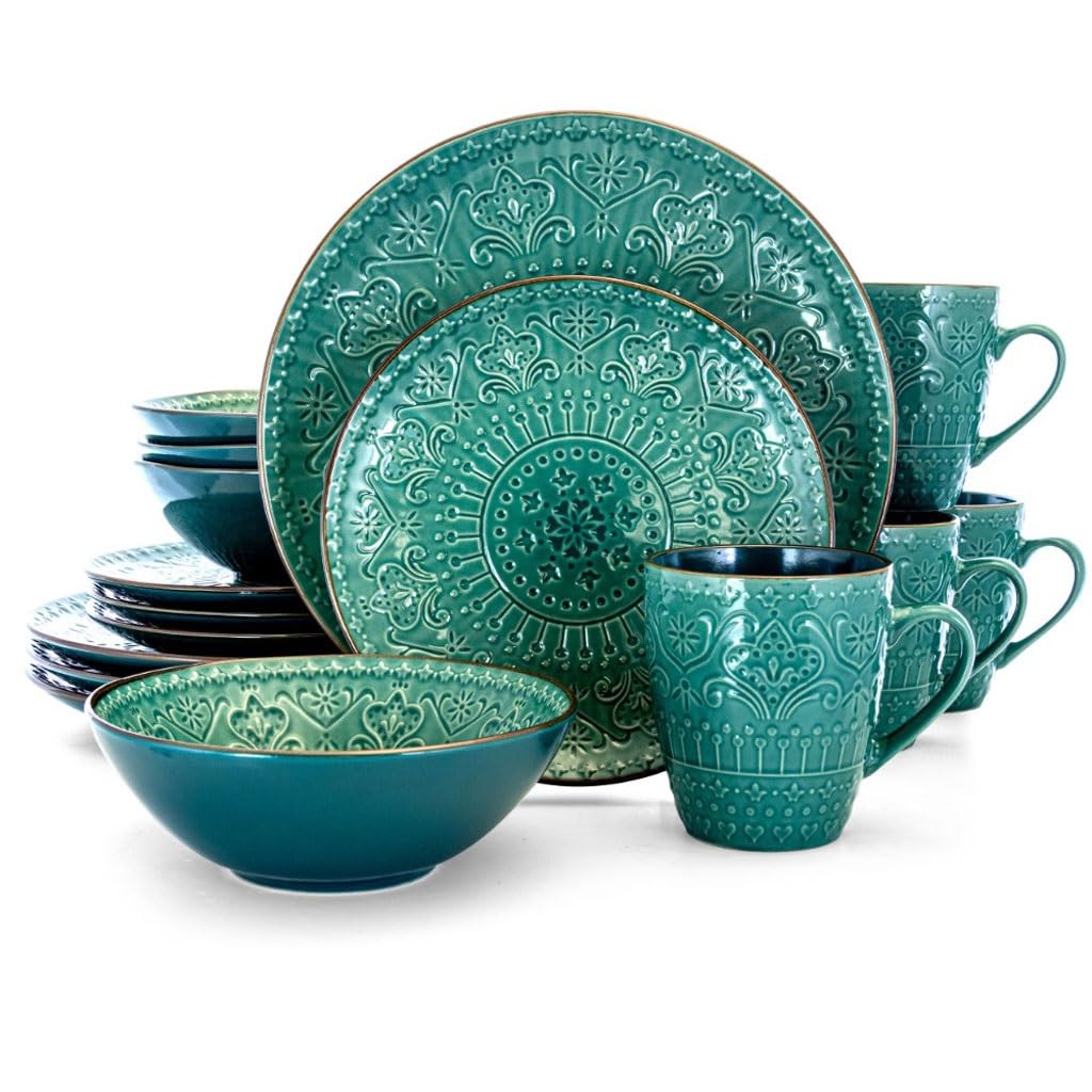 Ensemble de vaisselle en grès de qualité supérieure 16 pièces vert mer pour table chic