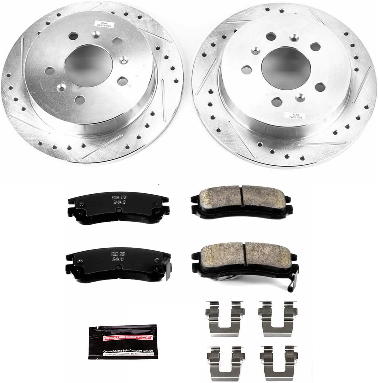 PowerStop Rear Brake Kit For Buick Allure 2008-09 |LaCrosse 2008-09 |Chevrolet Impala 2006-10 |Monte Carlo 2006-07 - Drilled and Slotted Disc Rotors with Ceramic Brake Pads Replacement, K1440