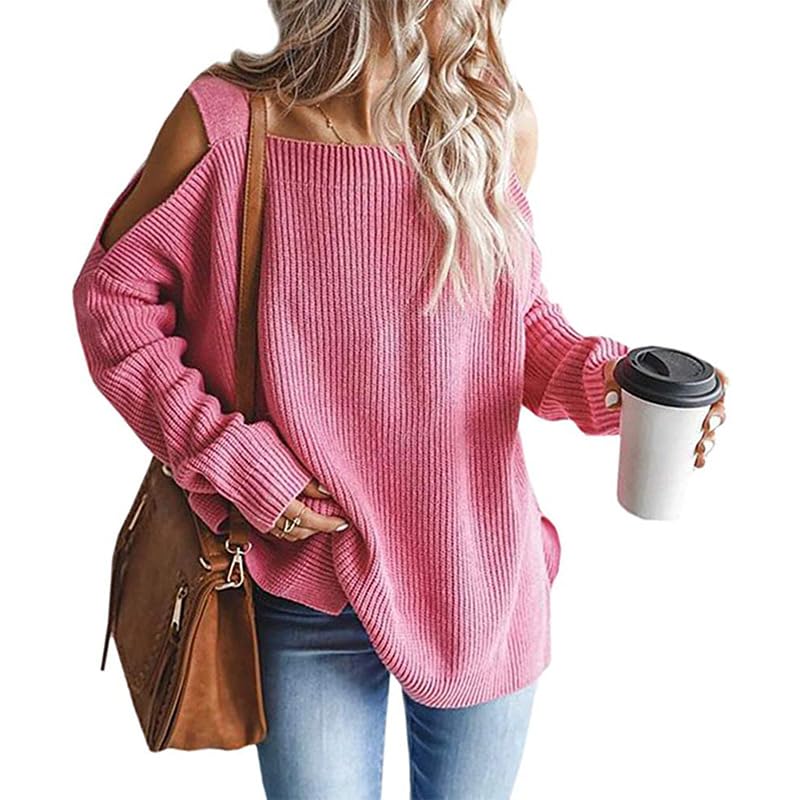 Womens Cold Shoulder Ribbed Knit Sweater Long Sleeve Lightweight Fall Pullover Top