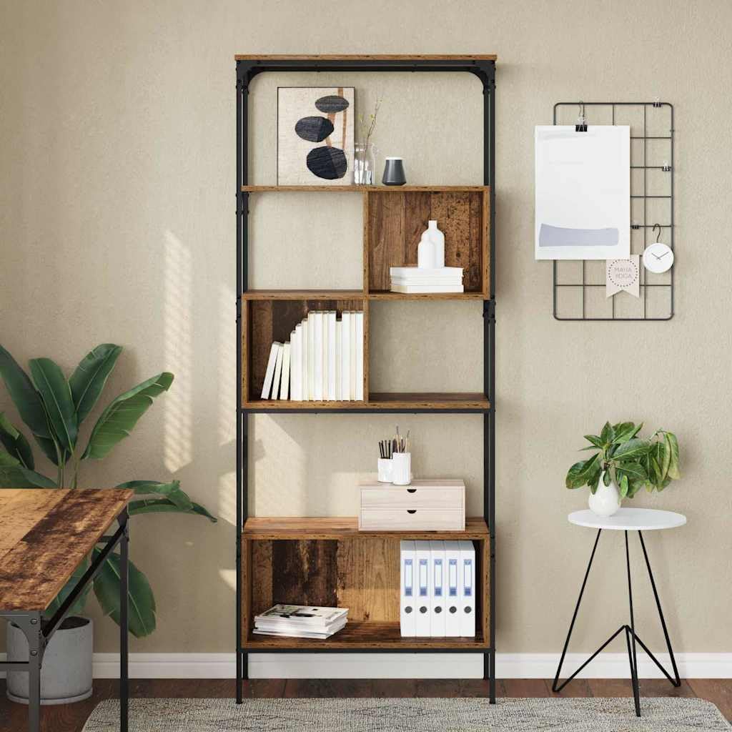 Bibliothèque en bois vieilli, 76 x 33 x 188,5 cm, avec 7 étagères, étagère stable de style vintage, bibliothèque étroite pour salon, design scandinave, grand espace de rangement