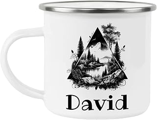 David Adventure Awaits Custom Name Enamel Campfire Mug, Mountain Camping Coffee Cup, Nature Outdoor Personalized - White - One size